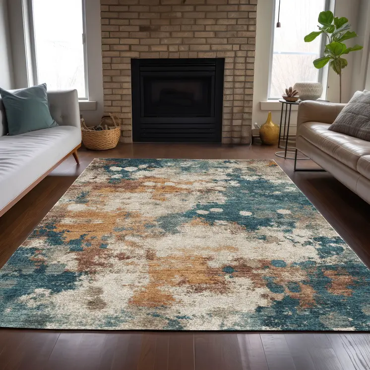 9' X 12' Teal Blue And Copper Abstract Washable Indoor Outdoor Area Rug