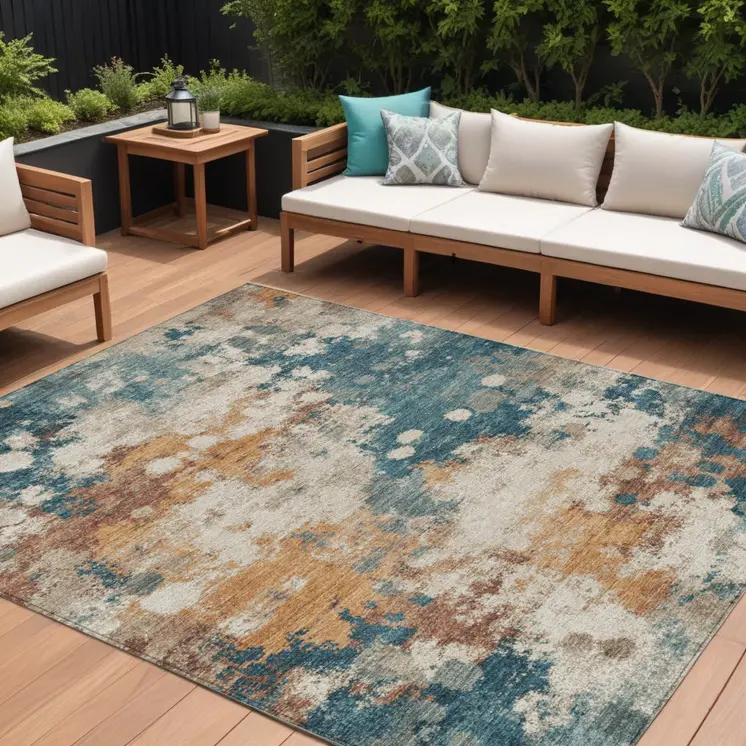 10' X 14' Teal Blue And Copper Abstract Washable Indoor Outdoor Area Rug