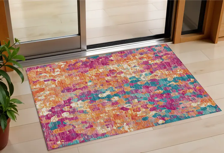 3' X 5' Blush Orange And Teal Blue Abstract Washable Indoor Outdoor Area Rug