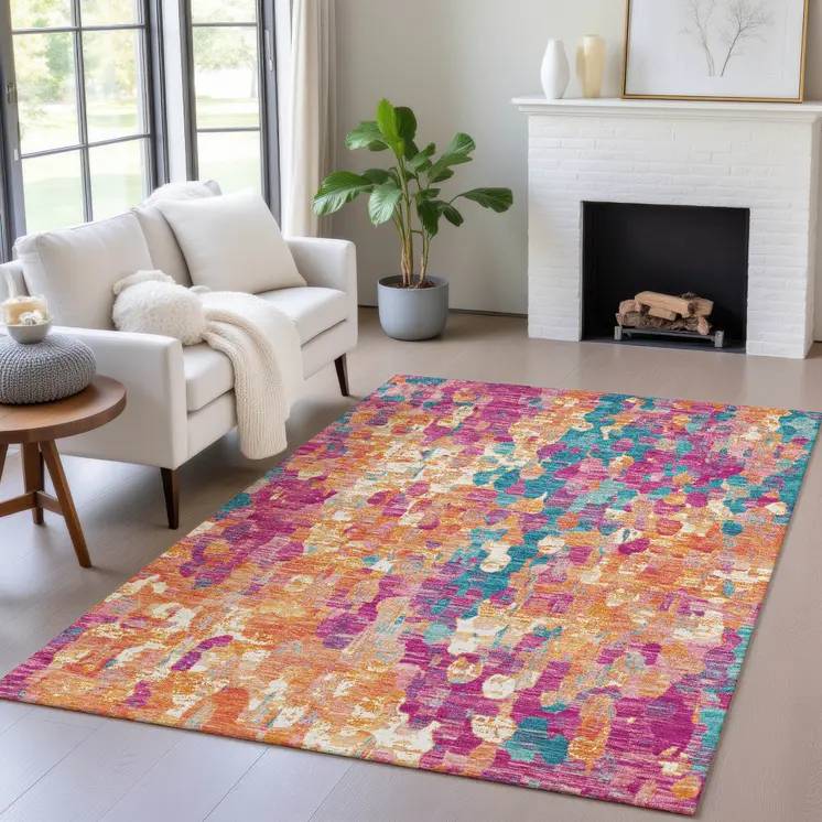 3' X 5' Blush Orange And Teal Blue Abstract Washable Indoor Outdoor Area Rug