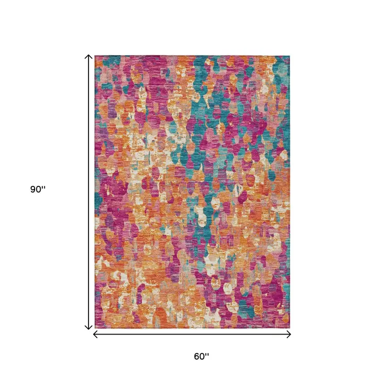 5' X 8' Blush Orange And Teal Blue Abstract Washable Indoor Outdoor Area Rug