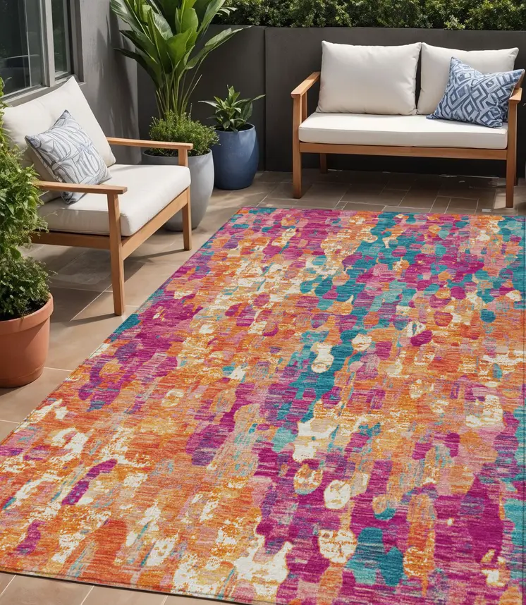 5' X 8' Blush Orange And Teal Blue Abstract Washable Indoor Outdoor Area Rug