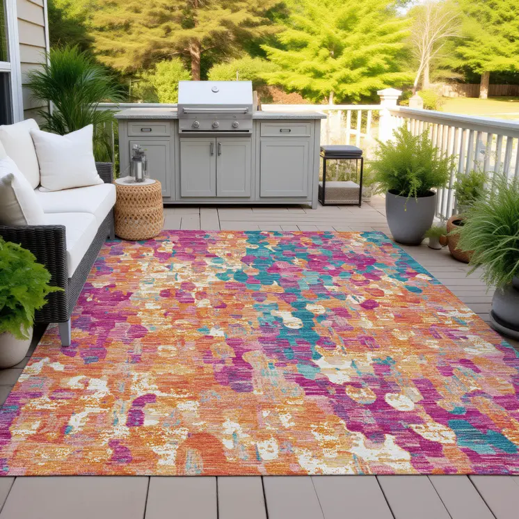 5' X 8' Blush Orange And Teal Blue Abstract Washable Indoor Outdoor Area Rug