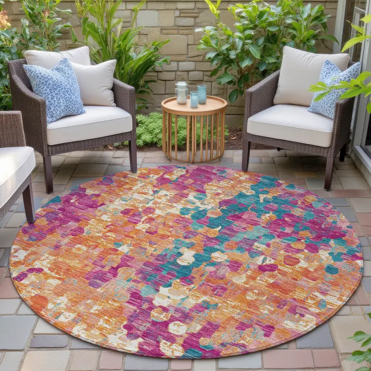 8' Blush Orange And Teal Blue Round Abstract Washable Indoor Outdoor Area Rug