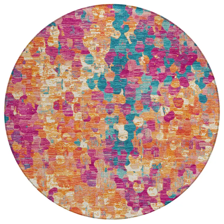8' Blush Orange And Teal Blue Round Abstract Washable Indoor Outdoor Area Rug