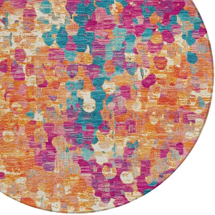 8' Blush Orange And Teal Blue Round Abstract Washable Indoor Outdoor Area Rug