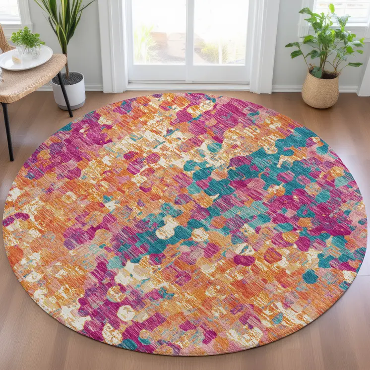 8' Blush Orange And Teal Blue Round Abstract Washable Indoor Outdoor Area Rug