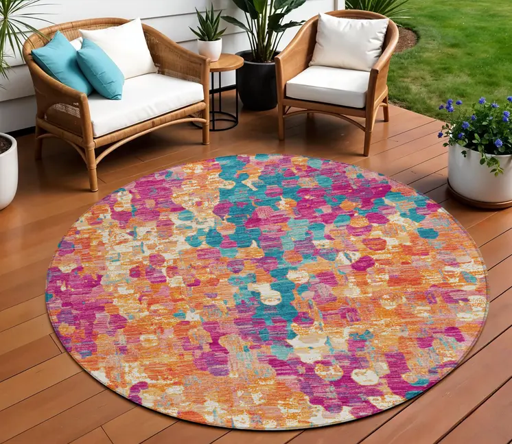 8' Blush Orange And Teal Blue Round Abstract Washable Indoor Outdoor Area Rug