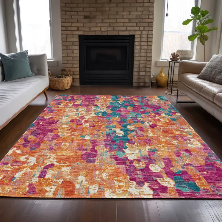 9' X 12' Blush Orange And Teal Blue Abstract Washable Indoor Outdoor Area Rug