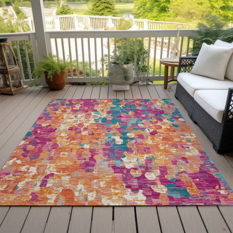 9' X 12' Blush Orange And Teal Blue Abstract Washable Indoor Outdoor Area Rug
