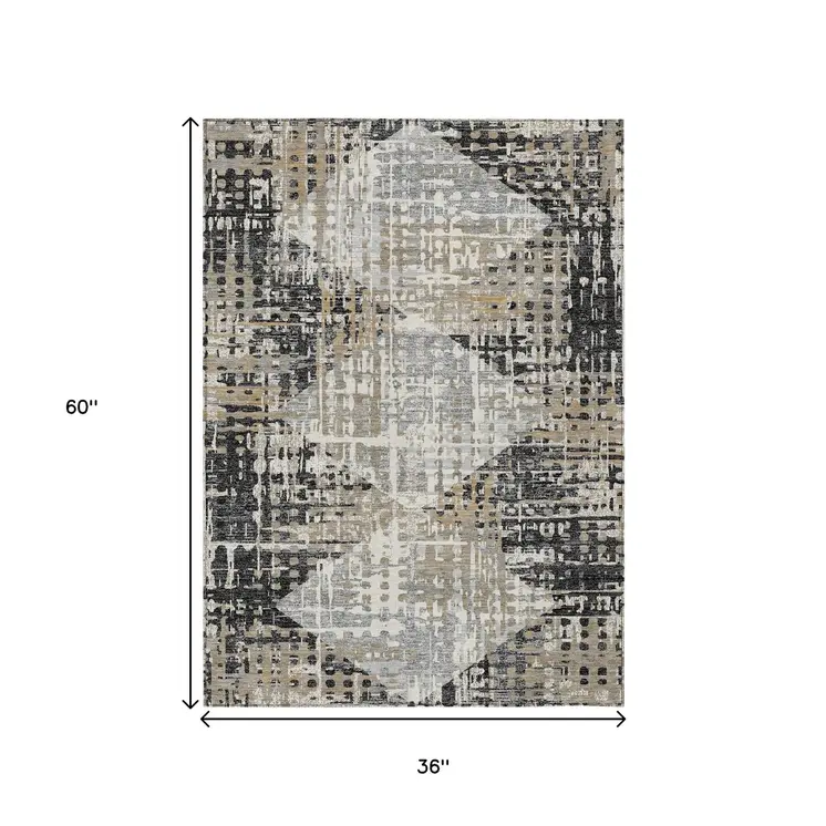 3' X 5' Black And Ivory Geometric Washable Indoor Outdoor Area Rug