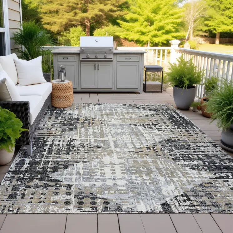 3' X 5' Black And Ivory Geometric Washable Indoor Outdoor Area Rug