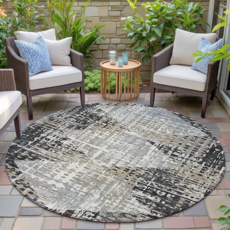 8' Black And Ivory Round Geometric Washable Indoor Outdoor Area Rug