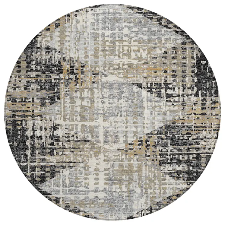 8' Black And Ivory Round Geometric Washable Indoor Outdoor Area Rug