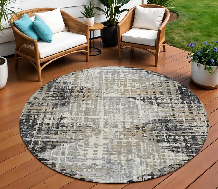 8' Black And Ivory Round Geometric Washable Indoor Outdoor Area Rug