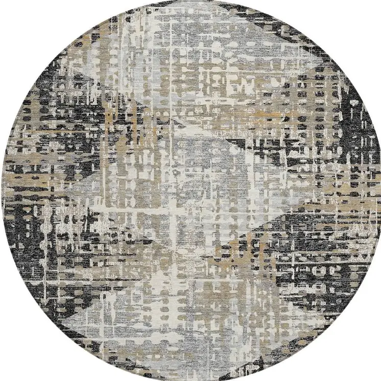 8' Black And Ivory Round Geometric Washable Indoor Outdoor Area Rug
