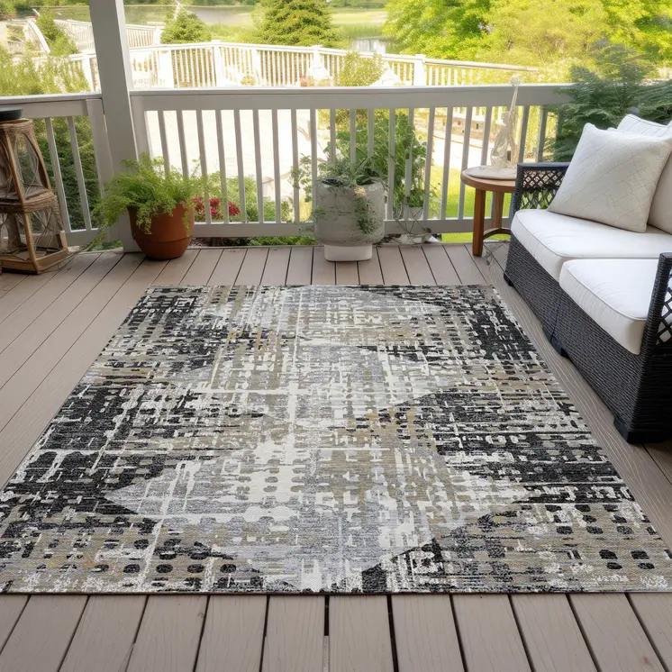 8' X 10' Black And Ivory Geometric Washable Indoor Outdoor Area Rug