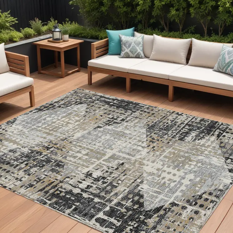 10' X 14' Black And Ivory Geometric Washable Indoor Outdoor Area Rug