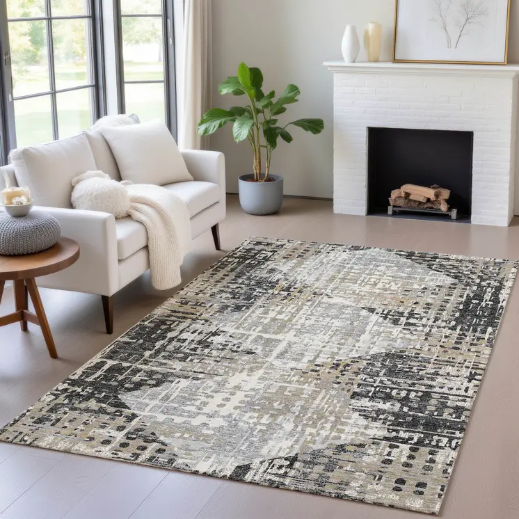 10' X 14' Black And Ivory Geometric Washable Indoor Outdoor Area Rug