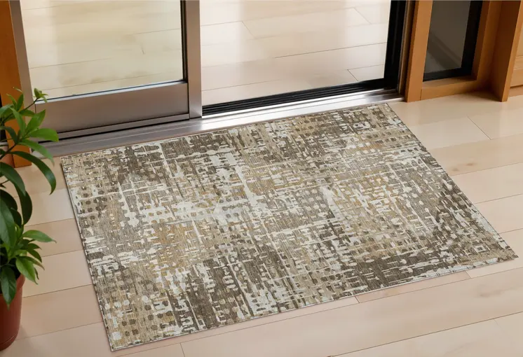 3' X 5' Brown And Ivory Geometric Washable Indoor Outdoor Area Rug