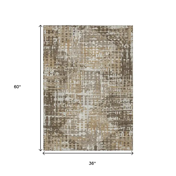 3' X 5' Brown And Ivory Geometric Washable Indoor Outdoor Area Rug