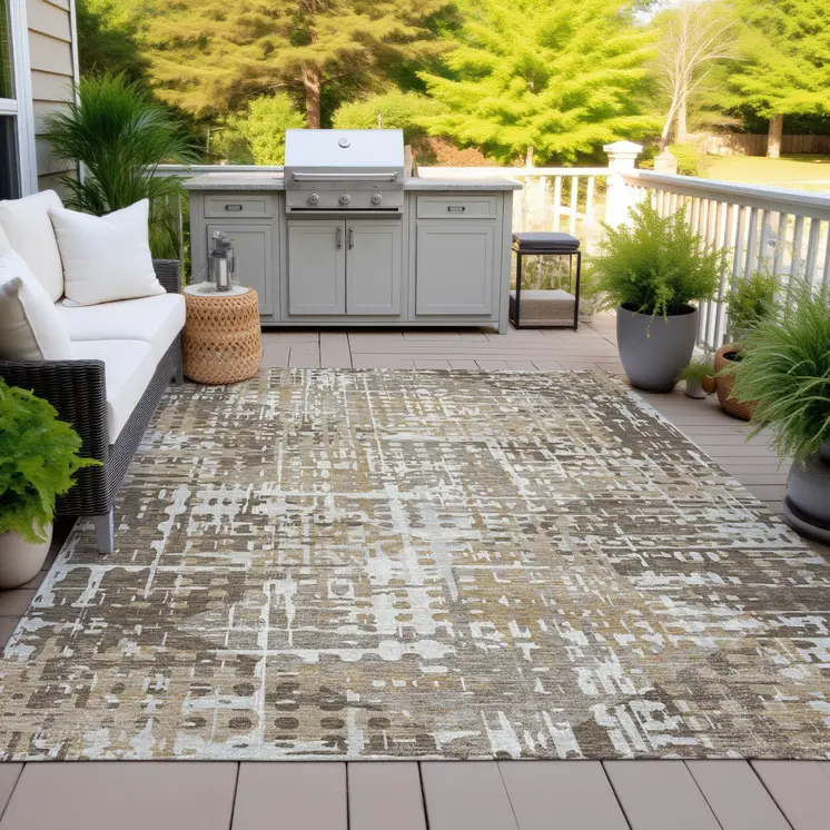 5' X 8' Brown And Ivory Geometric Washable Indoor Outdoor Area Rug