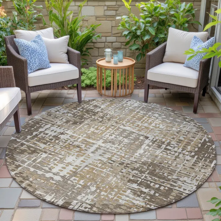 8' Brown And Ivory Round Geometric Washable Indoor Outdoor Area Rug