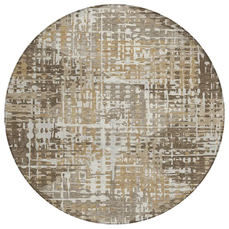 8' Brown And Ivory Round Geometric Washable Indoor Outdoor Area Rug