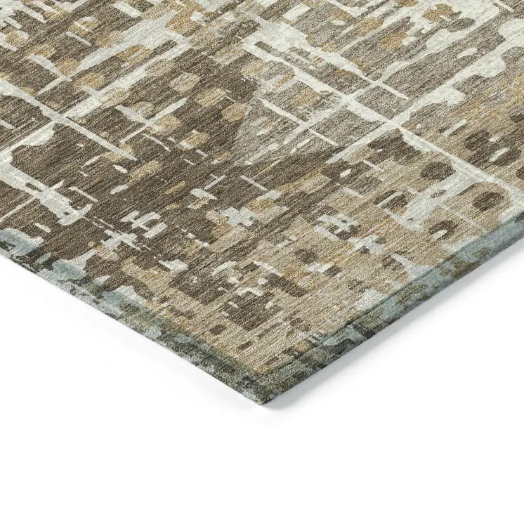 8' Brown And Ivory Round Geometric Washable Indoor Outdoor Area Rug