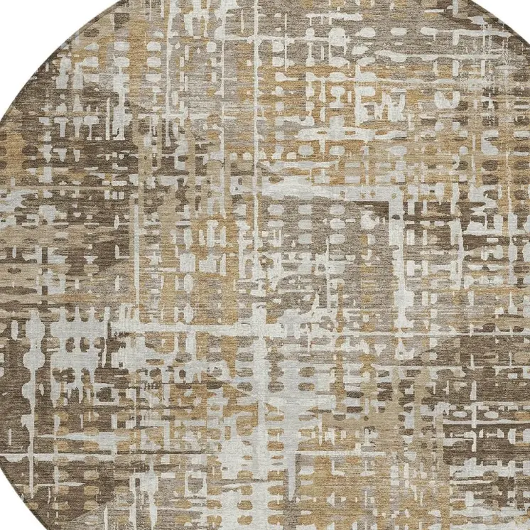 8' Brown And Ivory Round Geometric Washable Indoor Outdoor Area Rug