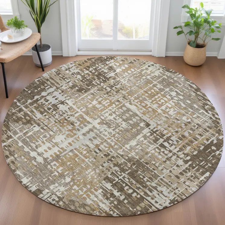8' Brown And Ivory Round Geometric Washable Indoor Outdoor Area Rug