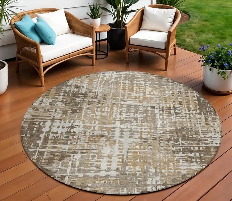 8' Brown And Ivory Round Geometric Washable Indoor Outdoor Area Rug