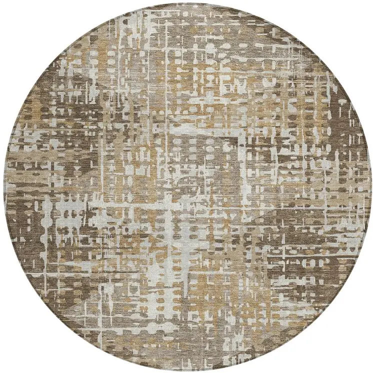 8' Brown And Ivory Round Geometric Washable Indoor Outdoor Area Rug