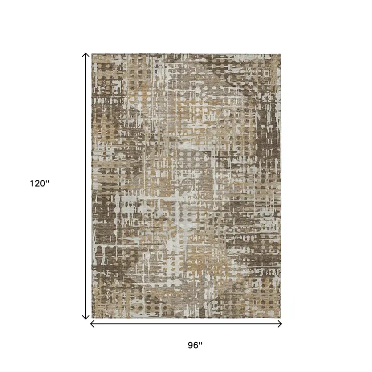 8' X 10' Brown And Ivory Geometric Washable Indoor Outdoor Area Rug