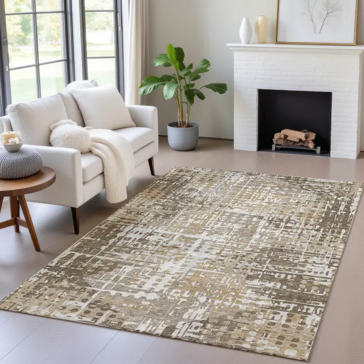 8' X 10' Brown And Ivory Geometric Washable Indoor Outdoor Area Rug
