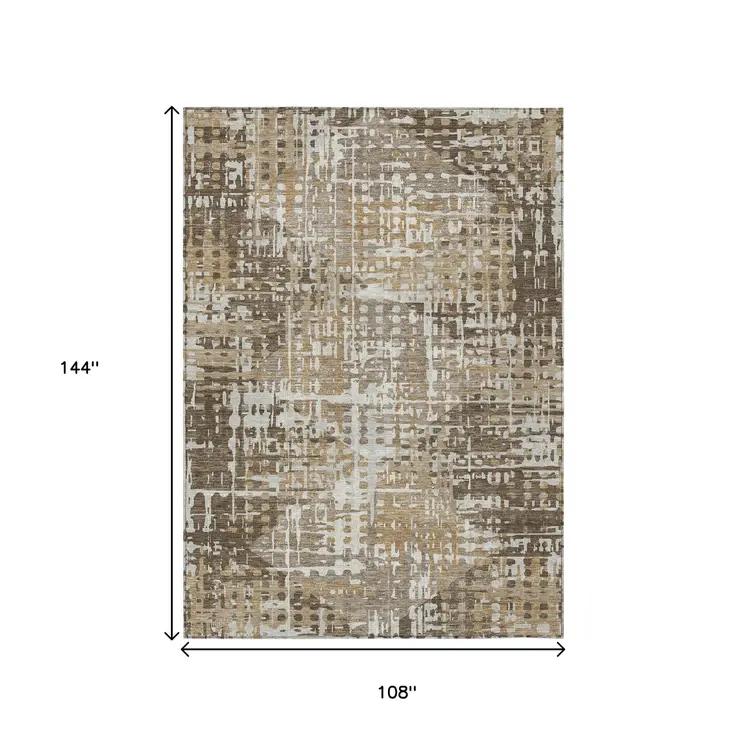 9' X 12' Brown And Ivory Geometric Washable Indoor Outdoor Area Rug
