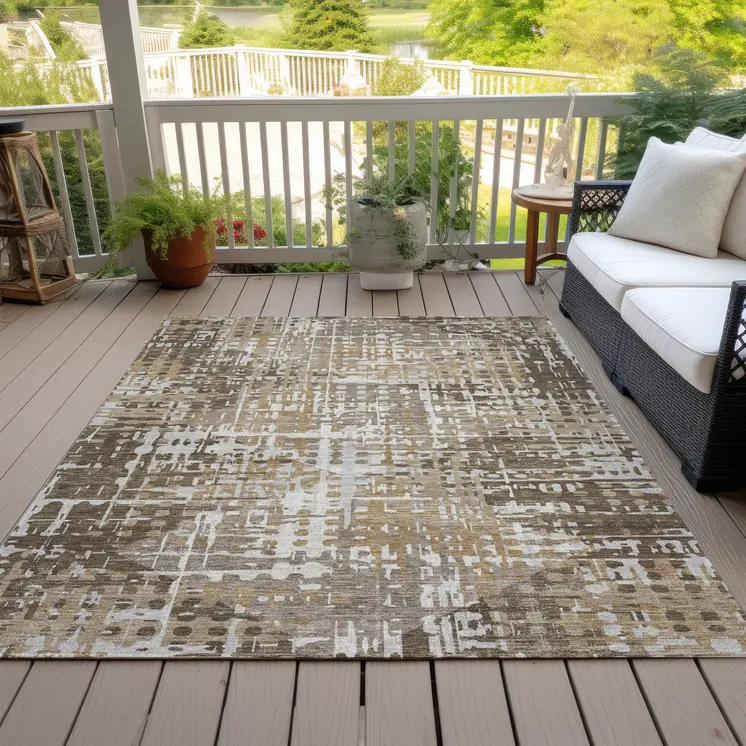 9' X 12' Brown And Ivory Geometric Washable Indoor Outdoor Area Rug