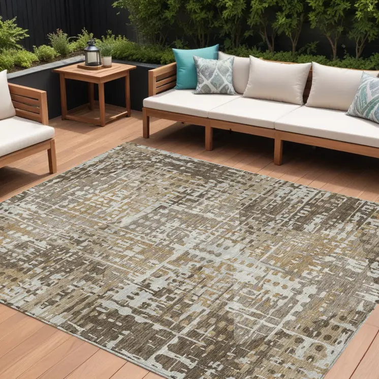 10' X 14' Brown And Ivory Geometric Washable Indoor Outdoor Area Rug