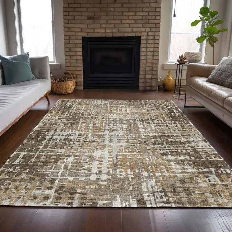 10' X 14' Brown And Ivory Geometric Washable Indoor Outdoor Area Rug