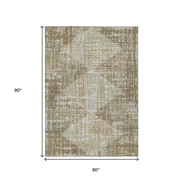5' X 8' Fern Green And Beige Geometric Washable Indoor Outdoor Area Rug