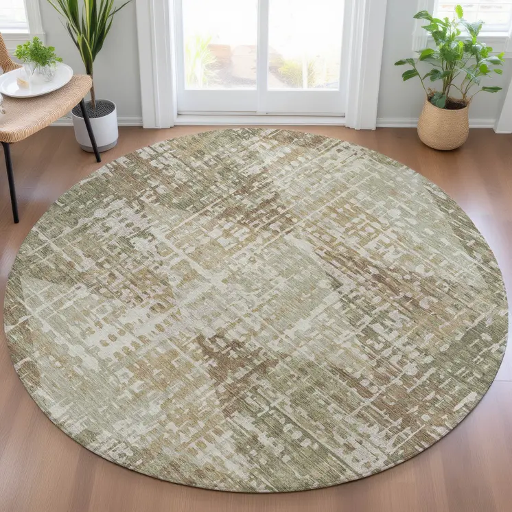 8' Fern Green And Beige Round Geometric Washable Indoor Outdoor Area Rug