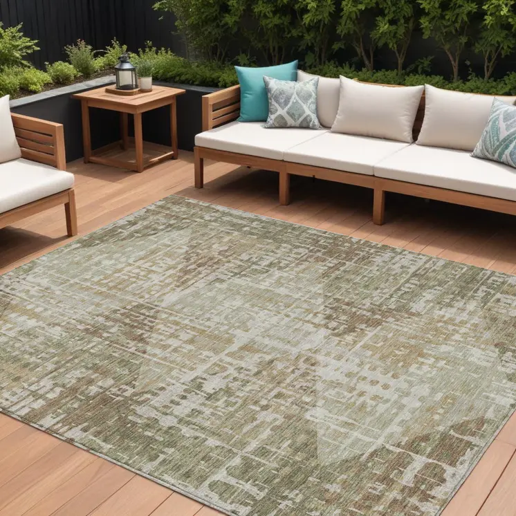 8' X 10' Fern Green And Beige Geometric Washable Indoor Outdoor Area Rug