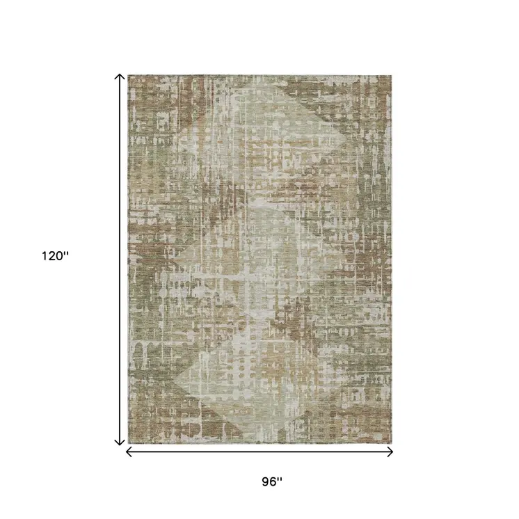 8' X 10' Fern Green And Beige Geometric Washable Indoor Outdoor Area Rug