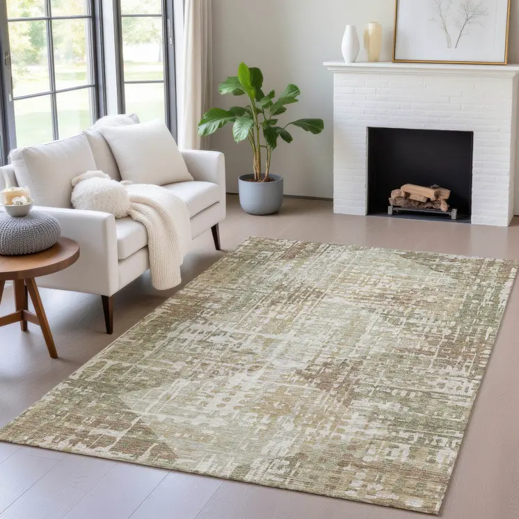 8' X 10' Fern Green And Beige Geometric Washable Indoor Outdoor Area Rug