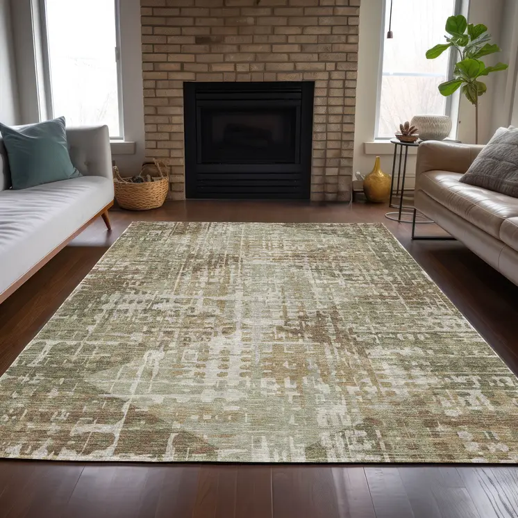 8' X 10' Fern Green And Beige Geometric Washable Indoor Outdoor Area Rug