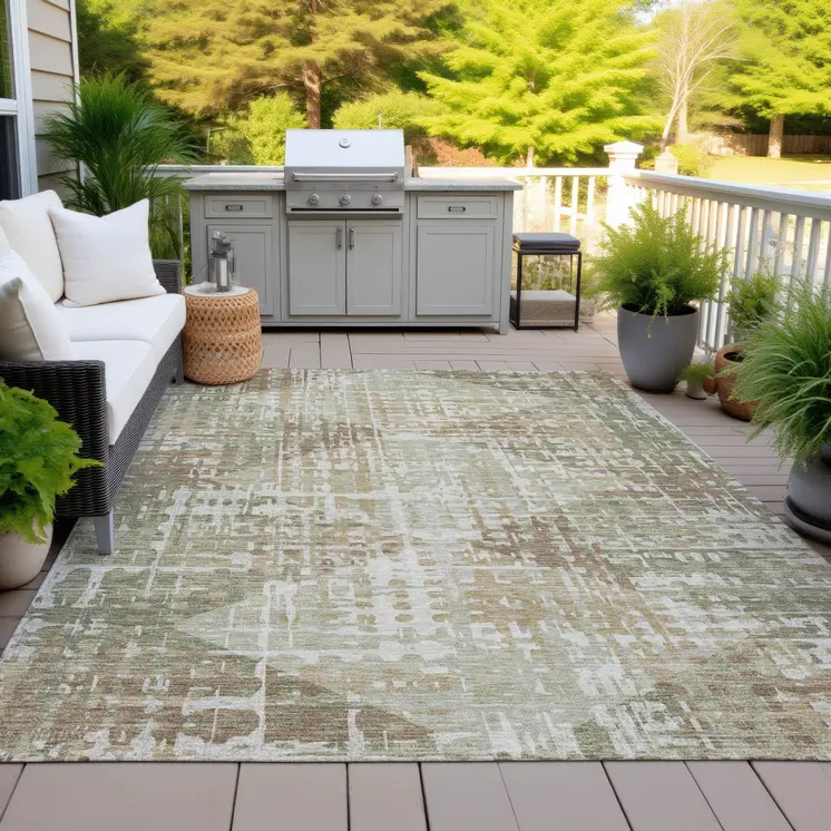 9' X 12' Fern Green And Beige Geometric Washable Indoor Outdoor Area Rug
