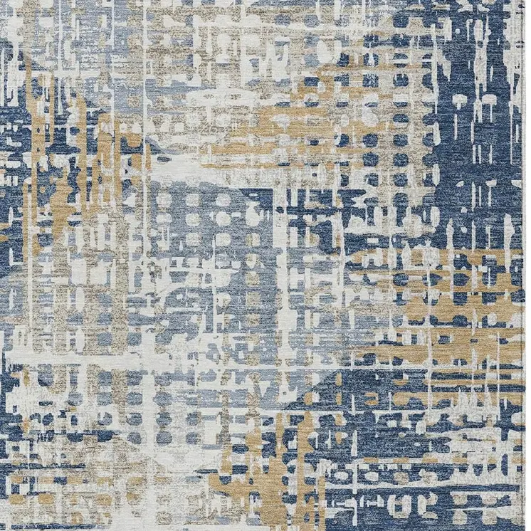 3' X 5' Navy Blue And Beige Geometric Washable Indoor Outdoor Area Rug