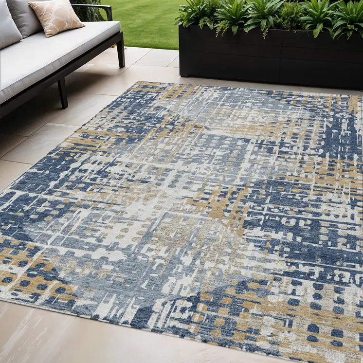 5' X 8' Navy Blue And Beige Geometric Washable Indoor Outdoor Area Rug