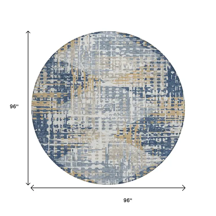 8' Navy Blue And Beige Round Geometric Washable Indoor Outdoor Area Rug
