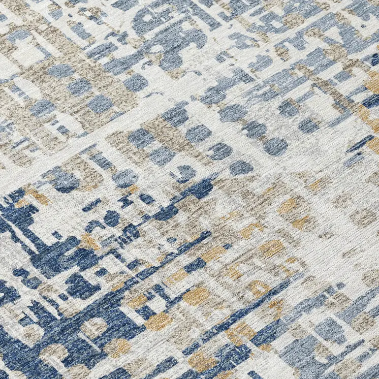 8' Navy Blue And Beige Round Geometric Washable Indoor Outdoor Area Rug